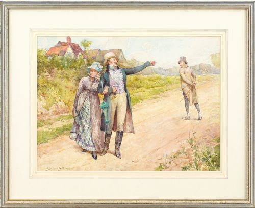 henry gillard glindoni the friendly chat antique watercolour painting - CATEGORY: ANTIQUE ART - DATED 1910