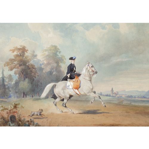 19THCENTURY A LADY RIDING A GREY MARE ANTIQUE WATERCOLOUR - ADDITIONAL PHOTO 1