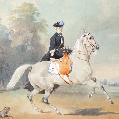 19THCENTURY A LADY RIDING A GREY MARE ANTIQUE WATERCOLOUR - ADDITIONAL PHOTO 4