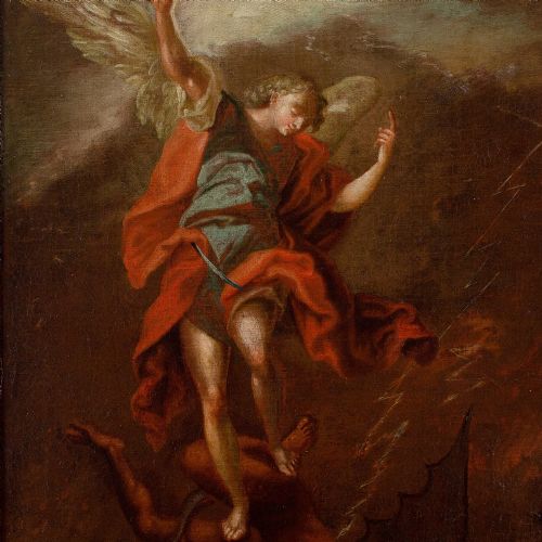 EARLY 18THCENTURY NEAPOLITAN SCHOOL ARCHANGEL MICHAEL VANQUISHING THE DEVIL ANTIQUE OIL PAINTING - ADDITIONAL PHOTO 4