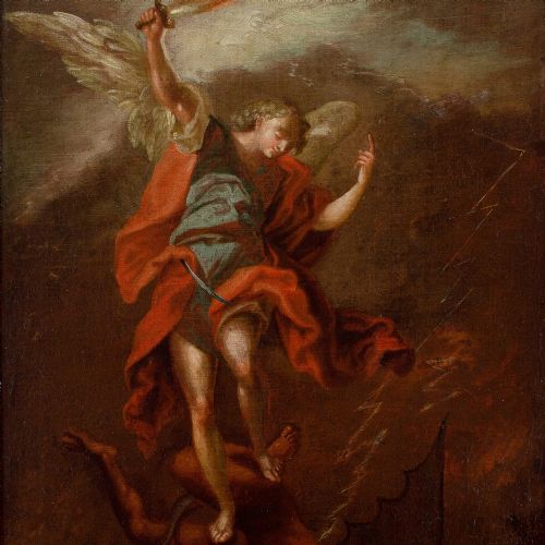 EARLY 18THCENTURY NEAPOLITAN SCHOOL ARCHANGEL MICHAEL VANQUISHING THE DEVIL ANTIQUE OIL PAINTING - ADDITIONAL PHOTO 5