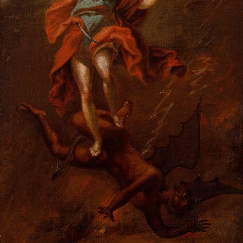 EARLY 18THCENTURY NEAPOLITAN SCHOOL ARCHANGEL MICHAEL VANQUISHING THE DEVIL ANTIQUE OIL PAINTING - ADDITIONAL PHOTO 6