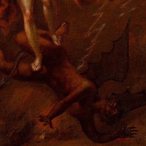 EARLY 18THCENTURY NEAPOLITAN SCHOOL ARCHANGEL MICHAEL VANQUISHING THE DEVIL ANTIQUE OIL PAINTING - ADDITIONAL PHOTO 7