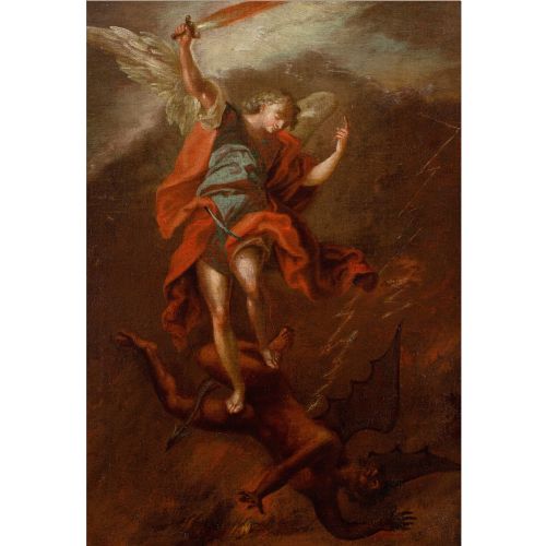 EARLY 18THCENTURY NEAPOLITAN SCHOOL ARCHANGEL MICHAEL VANQUISHING THE DEVIL ANTIQUE OIL PAINTING - ADDITIONAL PHOTO 1