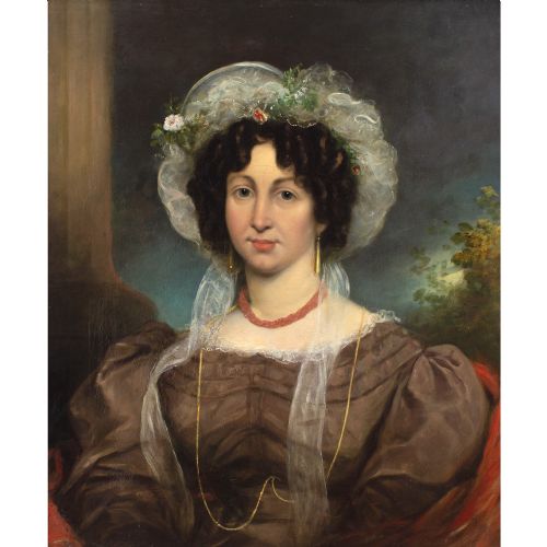GEORGE CLINT ARA ATTRIBUTED PORTRAIT OF A LADY IN A BROWN DRESS ANTIQUE OIL PAINTING - ADDITIONAL PHOTO 1