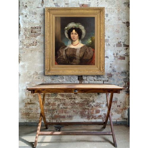 GEORGE CLINT ARA ATTRIBUTED PORTRAIT OF A LADY IN A BROWN DRESS ANTIQUE OIL PAINTING - ADDITIONAL PHOTO 2