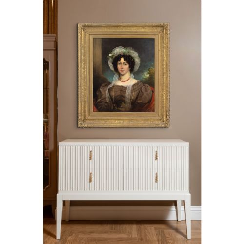 GEORGE CLINT ARA ATTRIBUTED PORTRAIT OF A LADY IN A BROWN DRESS ANTIQUE OIL PAINTING - ADDITIONAL PHOTO 4
