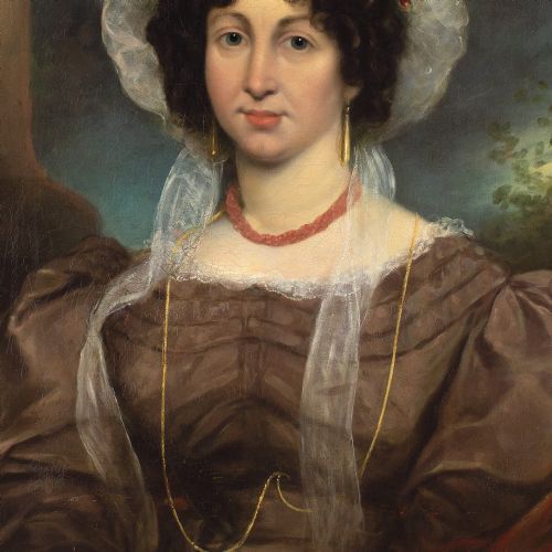 GEORGE CLINT ARA ATTRIBUTED PORTRAIT OF A LADY IN A BROWN DRESS ANTIQUE OIL PAINTING - ADDITIONAL PHOTO 6