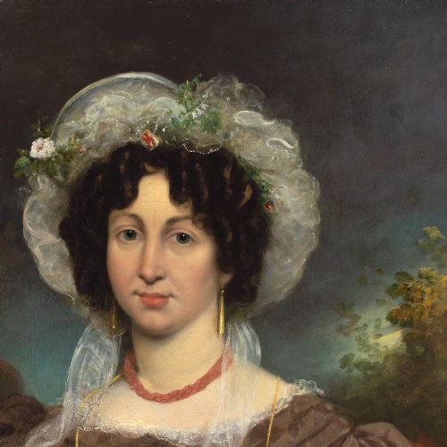 GEORGE CLINT ARA ATTRIBUTED PORTRAIT OF A LADY IN A BROWN DRESS ANTIQUE OIL PAINTING - ADDITIONAL PHOTO 7