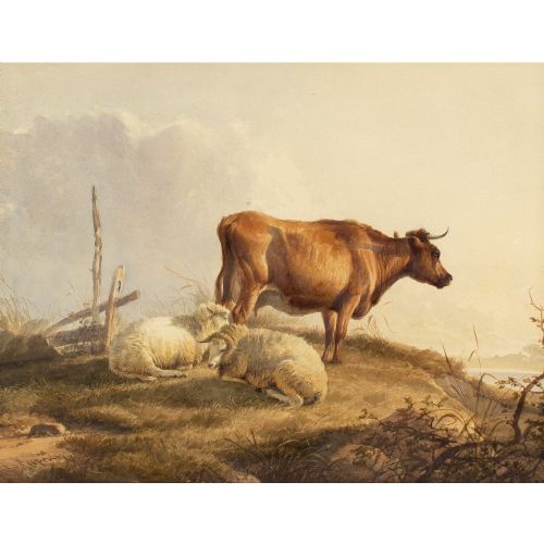 THOMAS SIDNEY COOPER RA COW SHEEP IN A LANDSCAPE ANTIQUE WATERCOLOUR - ADDITIONAL PHOTO 1