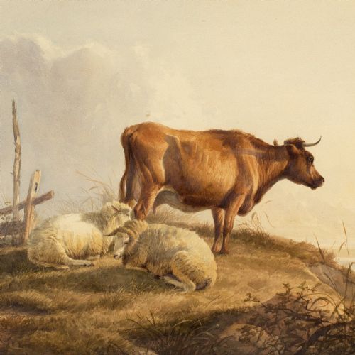 THOMAS SIDNEY COOPER RA COW SHEEP IN A LANDSCAPE ANTIQUE WATERCOLOUR - ADDITIONAL PHOTO 4