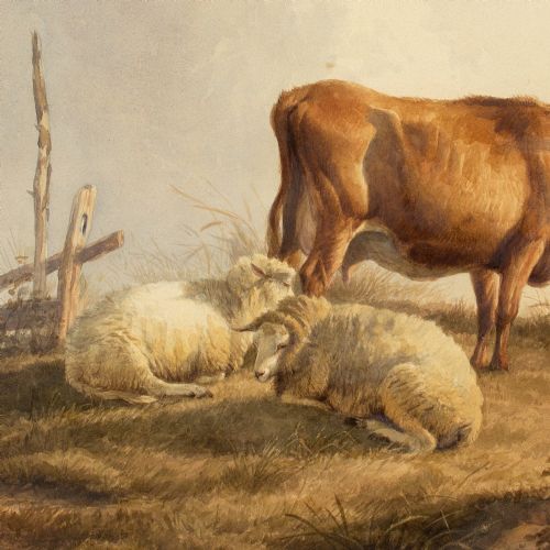 THOMAS SIDNEY COOPER RA COW SHEEP IN A LANDSCAPE ANTIQUE WATERCOLOUR - ADDITIONAL PHOTO 5