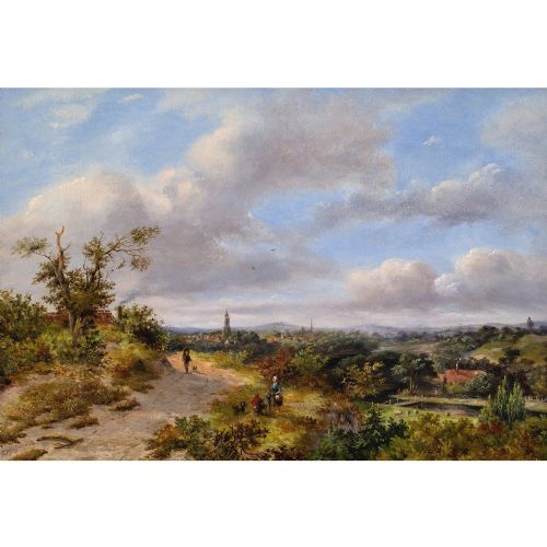 fig 1. Johannes Philippus Galjaard, Figures On A Rural Track With Town Beyond, Antique Oil Painting 
