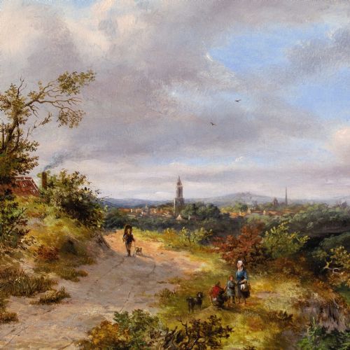 fig 3. Johannes Philippus Galjaard, Figures On A Rural Track With Town Beyond, Antique Oil Painting 