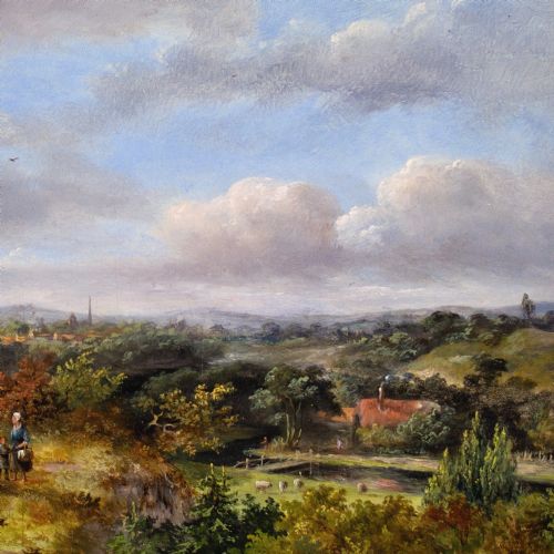 fig 4. Johannes Philippus Galjaard, Figures On A Rural Track With Town Beyond, Antique Oil Painting 