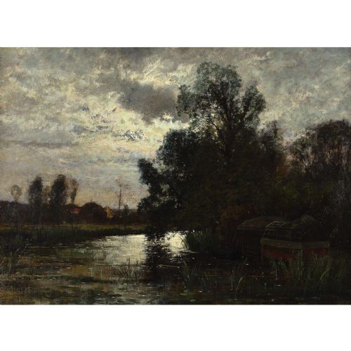 OSCAR TORNA RIVER LANDSCAPE GREZSURLOING NOCTURNE ANTIQUE OIL PAINTING - ADDITIONAL PHOTO 1
