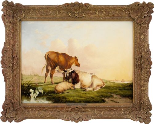 thomas sidney cooper ra livestock in a landscape with river beyond antique oil painting - CATEGORY: ANTIQUE ART - DATED 19TH CENTURY