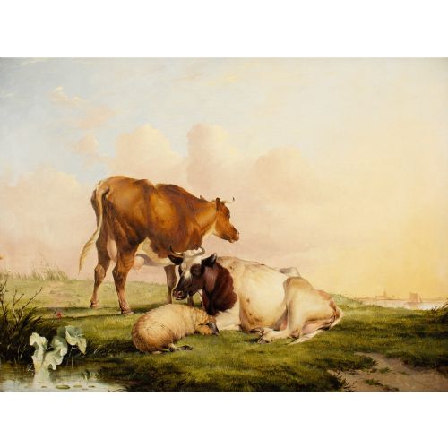 THOMAS SIDNEY COOPER RA LIVESTOCK IN A LANDSCAPE WITH RIVER BEYOND ANTIQUE OIL PAINTING - ADDITIONAL PHOTO 1
