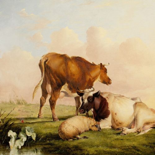 THOMAS SIDNEY COOPER RA LIVESTOCK IN A LANDSCAPE WITH RIVER BEYOND ANTIQUE OIL PAINTING - ADDITIONAL PHOTO 5