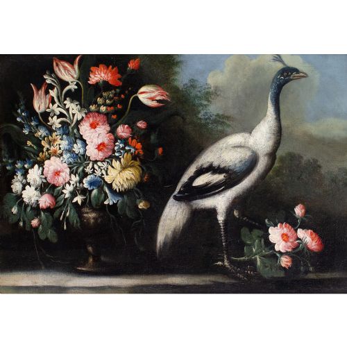 GIUSEPPE PESCI ATTRIBUTED STILL LIFE WITH FLOWERS VASE PEACOCK ANTIQUE OIL PAINTING - ADDITIONAL PHOTO 1