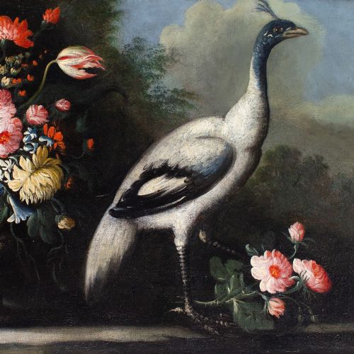GIUSEPPE PESCI ATTRIBUTED STILL LIFE WITH FLOWERS VASE PEACOCK ANTIQUE OIL PAINTING - ADDITIONAL PHOTO 2