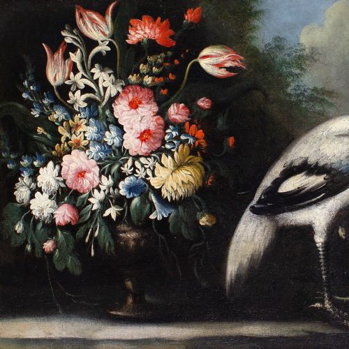 GIUSEPPE PESCI ATTRIBUTED STILL LIFE WITH FLOWERS VASE PEACOCK ANTIQUE OIL PAINTING - ADDITIONAL PHOTO 4