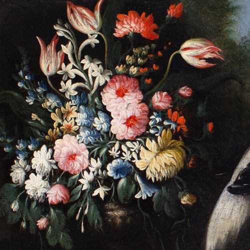 GIUSEPPE PESCI ATTRIBUTED STILL LIFE WITH FLOWERS VASE PEACOCK ANTIQUE OIL PAINTING - ADDITIONAL PHOTO 5
