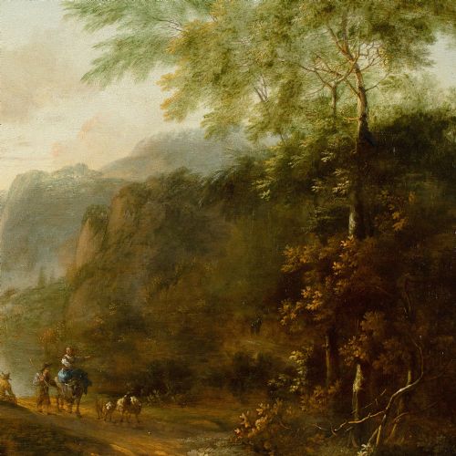 JAN BOTH FOLLOWER IDYLLIC RIVER LANDSCAPE WITH FIGURES ANTIQUE OIL PAINTING - ADDITIONAL PHOTO 7
