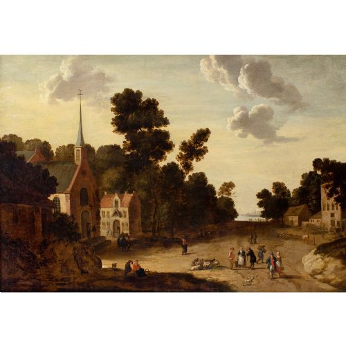 JOOST CORNELISZ DROOCHSLOOT CIRCLE VILLAGE SCENE WITH CHURCH 17THCENTURY OIL PAINTING - ADDITIONAL PHOTO 1