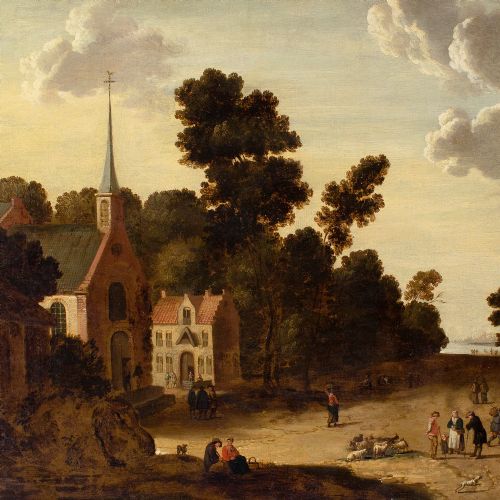 JOOST CORNELISZ DROOCHSLOOT CIRCLE VILLAGE SCENE WITH CHURCH 17THCENTURY OIL PAINTING - ADDITIONAL PHOTO 4