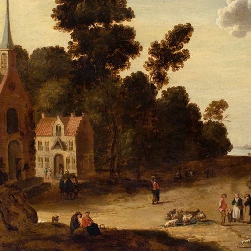JOOST CORNELISZ DROOCHSLOOT CIRCLE VILLAGE SCENE WITH CHURCH 17THCENTURY OIL PAINTING - ADDITIONAL PHOTO 7