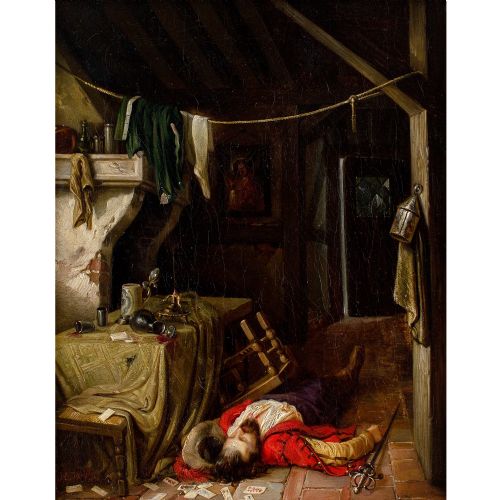 HERMANN WEI CONSEQUENCES OF THE GAME ANTIQUE OIL PAINTING - ADDITIONAL PHOTO 1