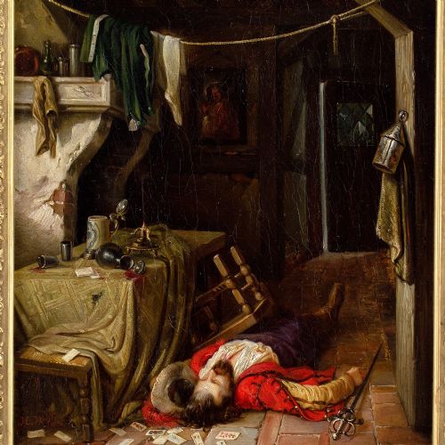 HERMANN WEI CONSEQUENCES OF THE GAME ANTIQUE OIL PAINTING - ADDITIONAL PHOTO 5