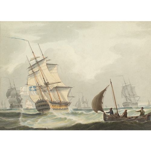 SAMUEL OWEN ATTRIBUTED MARITIME SCENE WITH A ROYAL NAVY MANOFWAR ANTIQUE WATERCOLOUR - ADDITIONAL PHOTO 4