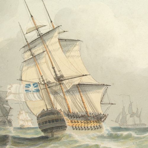 SAMUEL OWEN ATTRIBUTED MARITIME SCENE WITH A ROYAL NAVY MANOFWAR ANTIQUE WATERCOLOUR - ADDITIONAL PHOTO 6