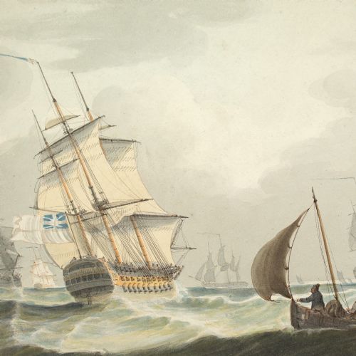 SAMUEL OWEN ATTRIBUTED MARITIME SCENE WITH A ROYAL NAVY MANOFWAR ANTIQUE WATERCOLOUR - ADDITIONAL PHOTO 7