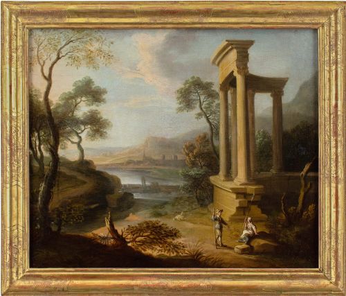 early 18thcentury french school classical landscape with ruins figures antique oil painting - CATEGORY: ANTIQUE ART - DATED 1700