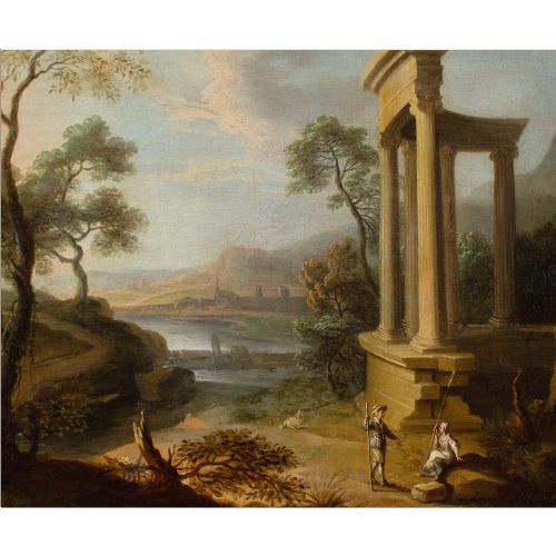 EARLY 18THCENTURY FRENCH SCHOOL CLASSICAL LANDSCAPE WITH RUINS FIGURES ANTIQUE OIL PAINTING - ADDITIONAL PHOTO 2