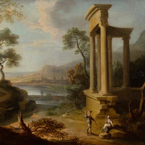 EARLY 18THCENTURY FRENCH SCHOOL CLASSICAL LANDSCAPE WITH RUINS FIGURES ANTIQUE OIL PAINTING - ADDITIONAL PHOTO 3