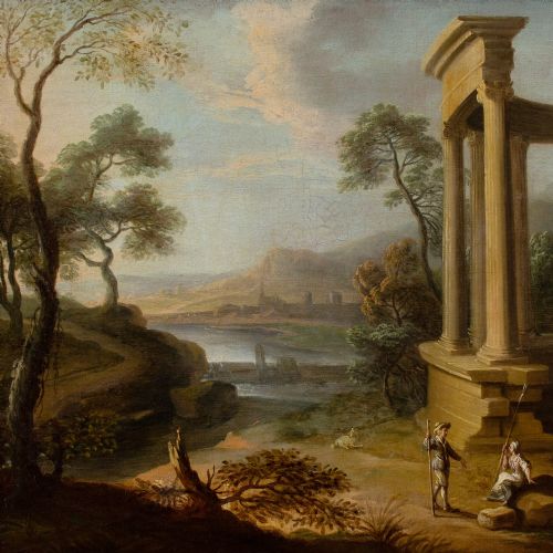 EARLY 18THCENTURY FRENCH SCHOOL CLASSICAL LANDSCAPE WITH RUINS FIGURES ANTIQUE OIL PAINTING - ADDITIONAL PHOTO 5