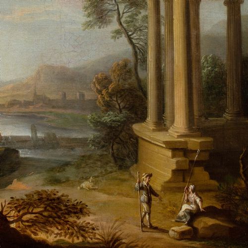 EARLY 18THCENTURY FRENCH SCHOOL CLASSICAL LANDSCAPE WITH RUINS FIGURES ANTIQUE OIL PAINTING - ADDITIONAL PHOTO 6