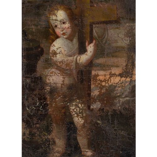 18THCENTURY SPANISH SCHOOL CHILD JESUS EMBRACING THE CROSS ANTIQUE OIL PAINTING - ADDITIONAL PHOTO 1