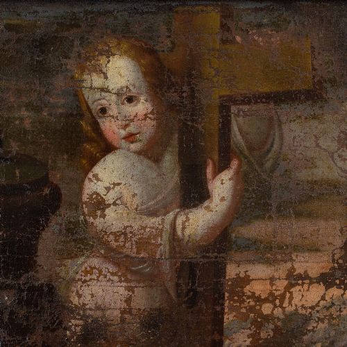 18THCENTURY SPANISH SCHOOL CHILD JESUS EMBRACING THE CROSS ANTIQUE OIL PAINTING - ADDITIONAL PHOTO 3