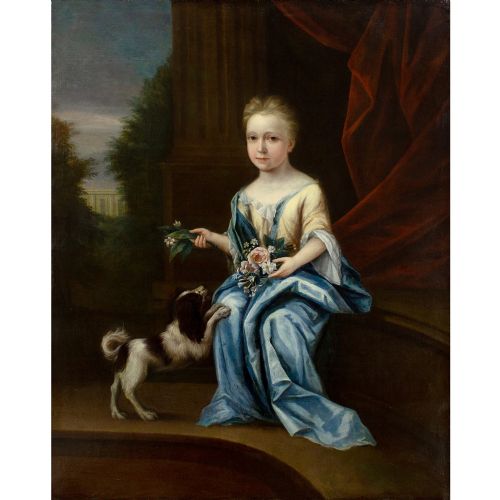 JOHN VERELST CIRCLE LARGE PORTRAIT OF A YOUNG LADY WITH FLOWERS SPANIEL BEFORE A COUNTRY HOUSE 18THCENTURY OIL PAINTING - ADDITIONAL PHOTO 1
