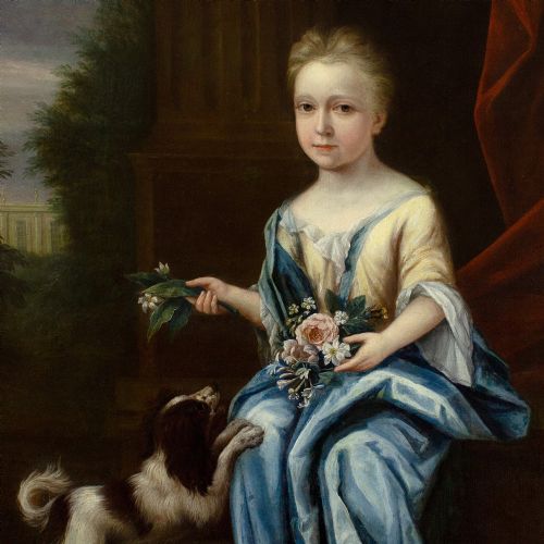 JOHN VERELST CIRCLE LARGE PORTRAIT OF A YOUNG LADY WITH FLOWERS SPANIEL BEFORE A COUNTRY HOUSE 18THCENTURY OIL PAINTING - ADDITIONAL PHOTO 5