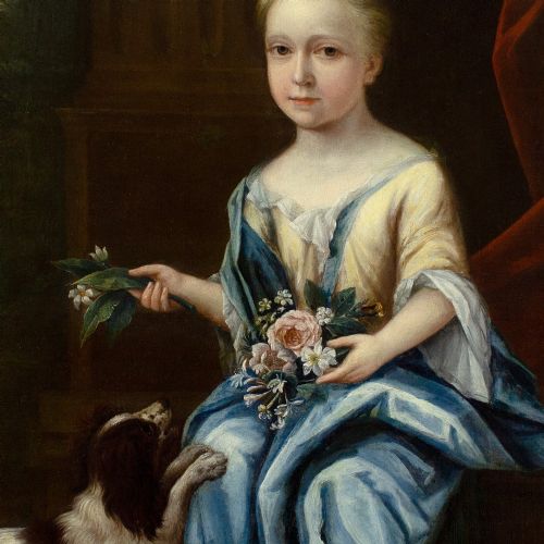 JOHN VERELST CIRCLE LARGE PORTRAIT OF A YOUNG LADY WITH FLOWERS SPANIEL BEFORE A COUNTRY HOUSE 18THCENTURY OIL PAINTING - ADDITIONAL PHOTO 6
