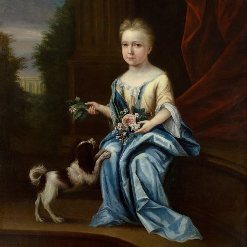 JOHN VERELST CIRCLE LARGE PORTRAIT OF A YOUNG LADY WITH FLOWERS SPANIEL BEFORE A COUNTRY HOUSE 18THCENTURY OIL PAINTING - ADDITIONAL PHOTO 7