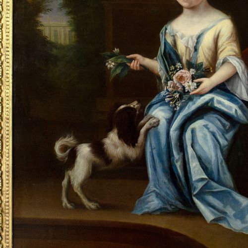 JOHN VERELST CIRCLE LARGE PORTRAIT OF A YOUNG LADY WITH FLOWERS SPANIEL BEFORE A COUNTRY HOUSE 18THCENTURY OIL PAINTING - ADDITIONAL PHOTO 8