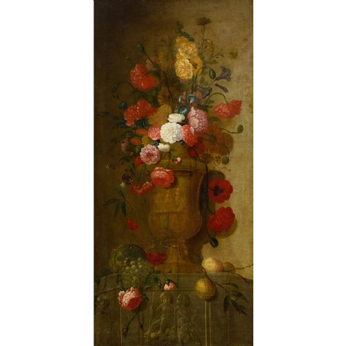MID18THCENTURY FRENCH SCHOOL STILL LIFE WITH ROSES OTHER BLOOMS IN AN URN ANTIQUE OIL PAINTING - ADDITIONAL PHOTO 1