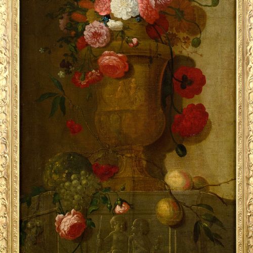MID18THCENTURY FRENCH SCHOOL STILL LIFE WITH ROSES OTHER BLOOMS IN AN URN ANTIQUE OIL PAINTING - ADDITIONAL PHOTO 5